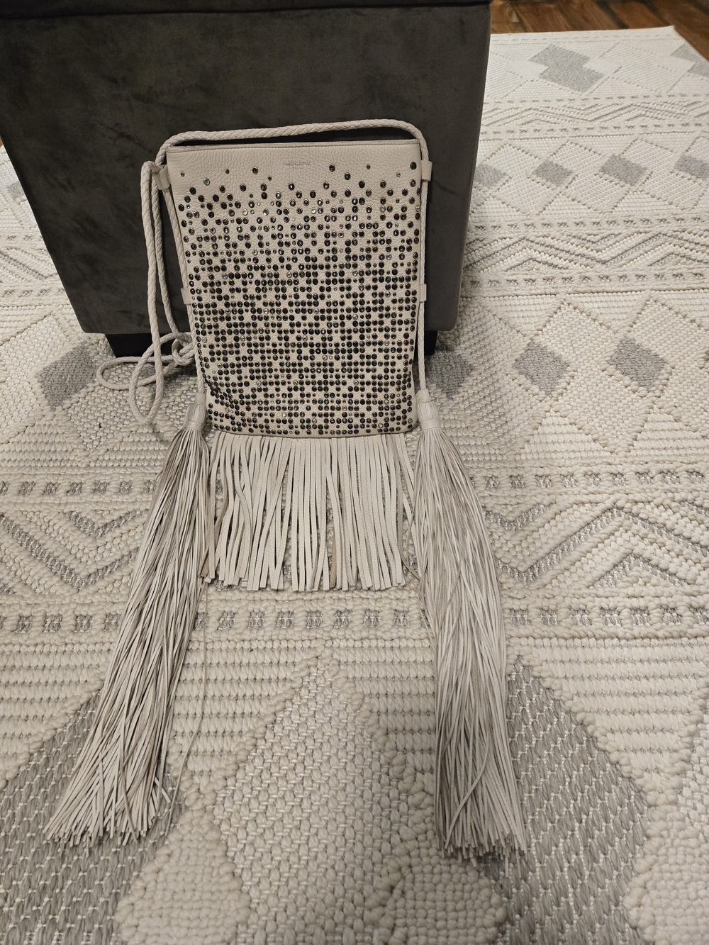 Rare Saint Laurent Runway Ivory Fringe Crossbody Bag with Stud Detailing.